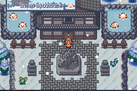 Snowy bathhouse scene from the official Monomyth promotional image