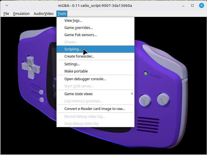 Official tutorial showing the Tools and Scripting menu in the Celio Link mGBA client